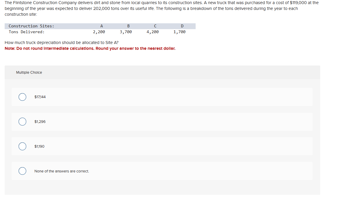 The Flintstone Construction Company delivers dirt and stone from local quarries to its construction sites. A new truck that was purchased for a cost of $119,000 at the
beginning of the year was expected to deliver 202,000 tons over its useful life. The following is a breakdown of the tons delivered during the year to each
construction site:
Construction Sites:
Multiple Choice
C
$17,144
Tons Delivered:
How much truck depreciation should be allocated to Site A?
Note: Do not round Intermediate calculations. Round your answer to the nearest dollar.
$1,296
$1,190
A
2,200
None of the answers are correct.
B
3,700
C
4, 200
D
1,700