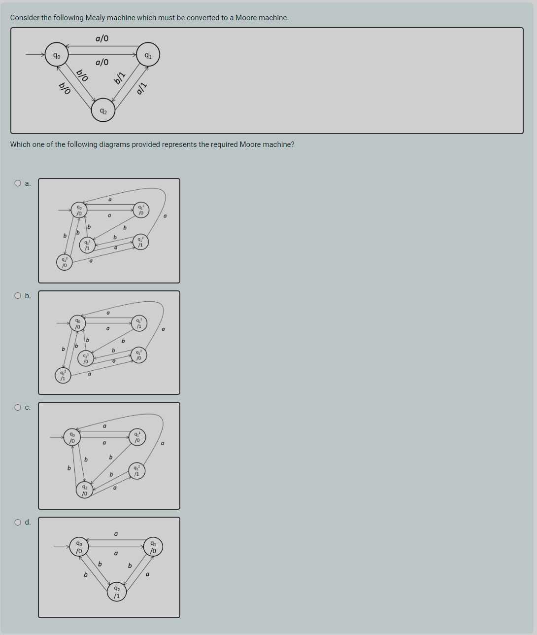 Consider the following Mealy machine which must be converted to a Moore machine.
a/0
a.
O b.
O c.
9⁰
O d.
b/0
b
Which one of the following diagrams provided represents the required Moore machine?
/0
9,²
/1
0/9
b
9⁰
/0
b
/0
b
9₂²
9⁰
/0
/1
9₂¹
/0
9₂
/0
b
a
a/0
b
92
b
a
a
a
a
a
a
b
a
b
O
b
b
a
1/9
a
92
/1
b
b
b
9₂²
/0
9₂²
/1
T/D
9₁¹
/1
9₁²
9₂¹
/0
91
9,²
/1
91
/0
a
a