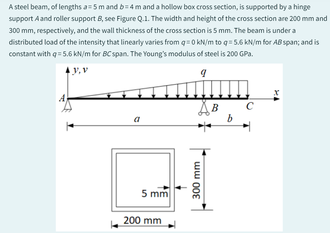 A steel beam, of lengths a = 5 m and b=4 m and a hollow box cross section, is supported by a hinge
support A and roller support B, see Figure Q.1. The width and height of the cross section are 200 mm and
300 mm, respectively, and the wall thickness of the cross section is 5 mm. The beam is under a
distributed load of the intensity that linearly varies from q=0 kN/m to q= 5.6 kN/m for AB span; and is
constant with q= 5.6 kN/m for BC span. The Young's modulus of steel is 200 GPa.
y, v
9
a
5 mm
200 mm
Дв
300 mm
b
с
X