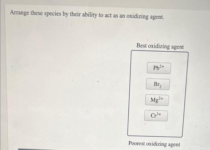 Arrange these species by their ability to act as an oxidizing agent.
Best oxidizing agent
Pb2+
Br,
Mg2+
Cr+
Poorest oxidizing agent
