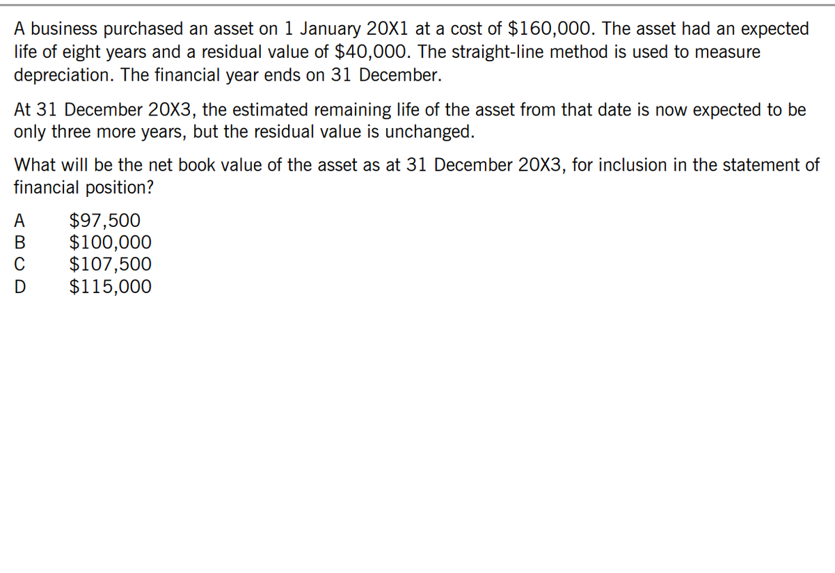 A business purchased an asset on 1 January 20X1 at a cost of $160,000. The asset had an expected
life of eight years and a residual value of $40,000. The straight-line method is used to measure
depreciation. The financial year ends on 31 December.
At 31 December 20X3, the estimated remaining life of the asset from that date is now expected to be
only three more years, but the residual value is unchanged.
What will be the net book value of the asset as at 31 December 20X3, for inclusion in the statement of
financial position?
$97,500
$100,000
$107,500
$115,000
ABCD
