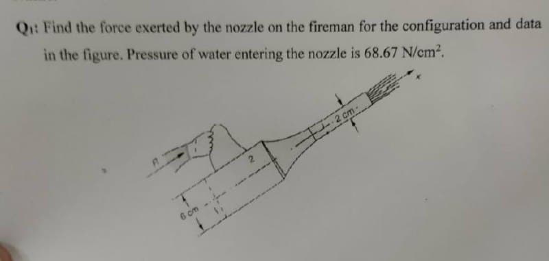 Q₁: Find the force exerted by the nozzle on the fireman for the configuration and data
in the figure. Pressure of water entering the nozzle is 68.67 N/cm².
6 cm
-2 cm.