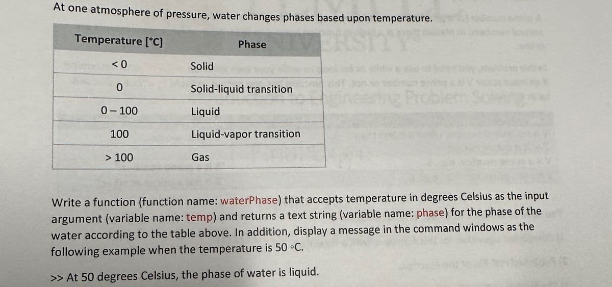 At one atmosphere of pressure, water changes phases based upon temperature.
Temperature [°C]
R
<0
0
0-100
100
> 100
Solid
Phase
Solid-liquid transition
Liquid
Liquid-vapor transition
Gas
Prob
Write a function (function name: waterPhase) that accepts temperature in degrees Celsius as the input
argument (variable name: temp) and returns a text string (variable name: phase) for the phase of the
water according to the table above. In addition, display a message in the command windows as the
following example when the temperature is 50 °C.
>> At 50 degrees Celsius, the phase of water is liquid.