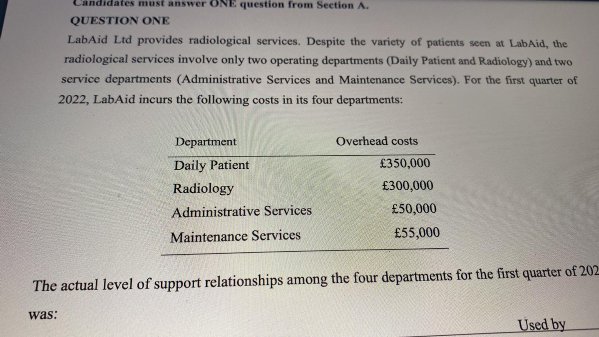 Candidates must answer ONE question from Section A.
QUESTION ONE
LabAid Ltd provides radiological services. Despite the variety of patients seen at LabAid, the
radiological services involve only two operating departments (Daily Patient and Radiology) and two
service departments (Administrative Services and Maintenance Services). For the first quarter of
2022, LabAid incurs the following costs in its four departments:
Department
Overhead costs
Daily Patient
£350,000
Radiology
£300,000
Administrative Services
£50,000
Maintenance Services
£55,000
The actual level of support relationships among the four departments for the first quarter of 202
was:
Used by
