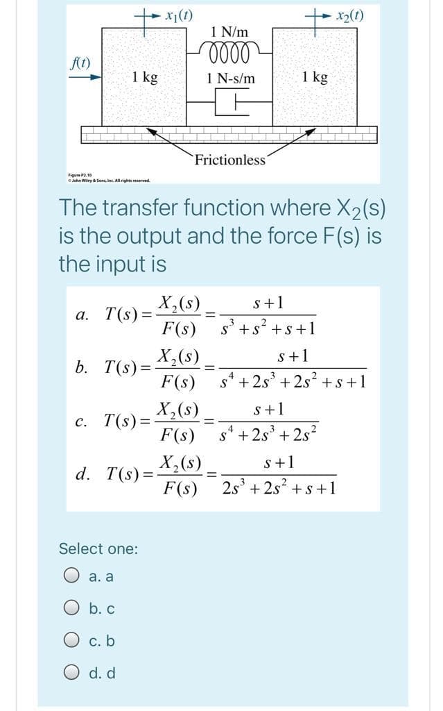 x1(1)
+ x2(t)
1 N/m
1 kg
1 N-s/m
1 kg
Frictionless
Figure P3.10
John Wiley Sons Inc. All rights reserved.
The transfer function where X2(s)
is the output and the force F(s) is
the input is
X,(s)
s+1
а. Т(s) %3D
F(s)
s' +s' +s+1
X,(s)
b. T(s)=
F(s)
s+1
+2s' + 2s +s +1
X,(s)
s+1
с. Т(s) %3
F(s)
%3D
4
s* + 2s' + 2s²
X,(s)
d. T(s)=
F(s)
s+1
2s + 2s +s +1
Select one:
а. а
b. c
c. b
d. d
O O
