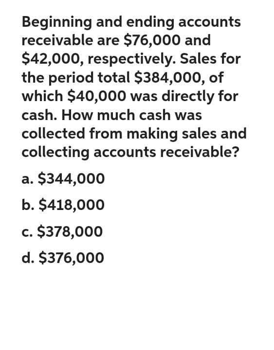 Beginning and ending accounts
receivable are $76,000 and
$42,000, respectively. Sales for
the period total $384,000, of
which $40,000 was directly for
cash. How much cash was
collected from making sales and
collecting accounts receivable?
a. $344,000
b. $418,000
c. $378,000
d. $376,000