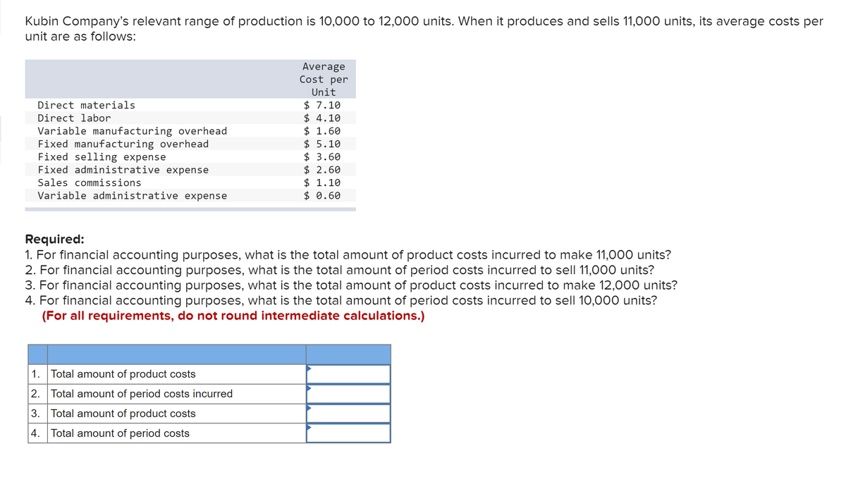 Kubin Company's relevant range of production is 10,000 to 12,000 units. When it produces and sells 11,000 units, its average costs per
unit are as follows:
Direct materials
Direct labor
Variable manufacturing overhead
Fixed manufacturing overhead
Fixed selling expense
Fixed administrative expense
Sales commissions
Variable administrative expense
Average
Cost per
Unit
$ 7.10
$ 4.10
$ 1.60
$ 5.10
$ 3.60
1. Total amount of product costs
2. Total amount of period costs incurred
3. Total amount of product costs
4. Total amount of period costs
$ 2.60
$ 1.10
$ 0.60
Required:
1. For financial accounting purposes, what is the total amount of product costs incurred to make 11,000 units?
2. For financial accounting purposes, what is the total amount of period costs incurred to sell 11,000 units?
3. For financial accounting purposes, what is the total amount of product costs incurred to make 12,000 units?
4. For financial accounting purposes, what is the total amount of period costs incurred to sell 10,000 units?
(For all requirements, do not round intermediate calculations.)