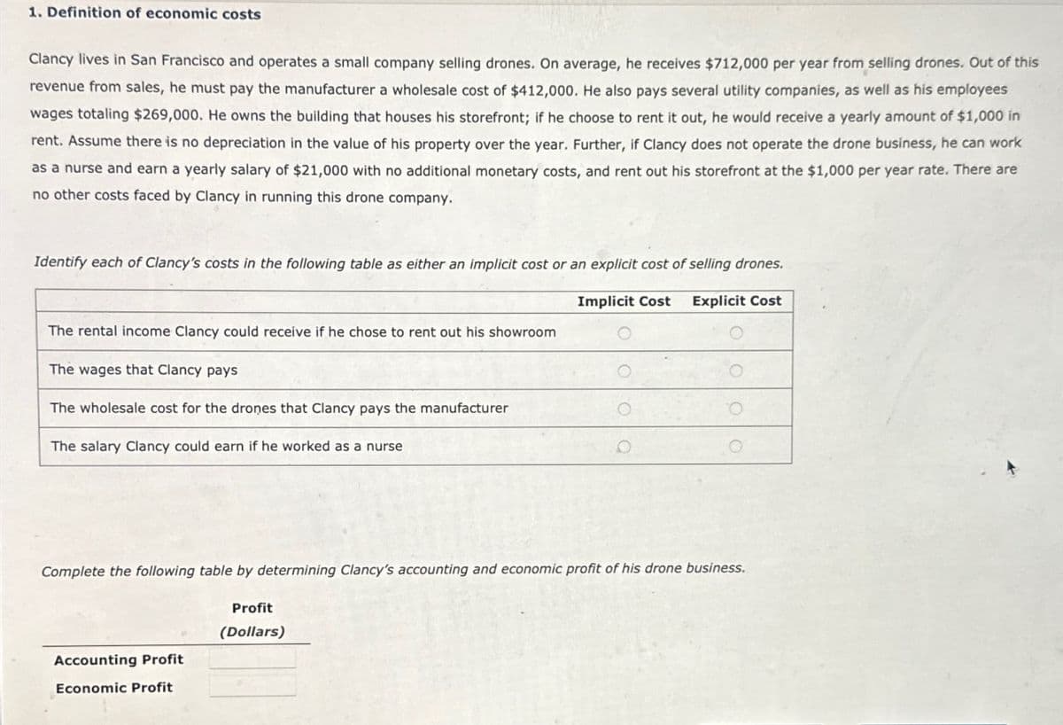 1. Definition of economic costs
Clancy lives in San Francisco and operates a small company selling drones. On average, he receives $712,000 per year from selling drones. Out of this
revenue from sales, he must pay the manufacturer a wholesale cost of $412,000. He also pays several utility companies, as well as his employees
wages totaling $269,000. He owns the building that houses his storefront; if he choose to rent it out, he would receive a yearly amount of $1,000 in
rent. Assume there is no depreciation in the value of his property over the year. Further, if Clancy does not operate the drone business, he can work
as a nurse and earn a yearly salary of $21,000 with no additional monetary costs, and rent out his storefront at the $1,000 per year rate. There are
no other costs faced by Clancy in running this drone company.
Identify each of Clancy's costs in the following table as either an implicit cost or an explicit cost of selling drones.
Implicit Cost
Explicit Cost
The rental income Clancy could receive if he chose to rent out his showroom
The wages that Clancy pays
The wholesale cost for the drones that Clancy pays the manufacturer
The salary Clancy could earn if he worked as a nurse
Complete the following table by determining Clancy's accounting and economic profit of his drone business.
Accounting Profit
Economic Profit
Profit
(Dollars)