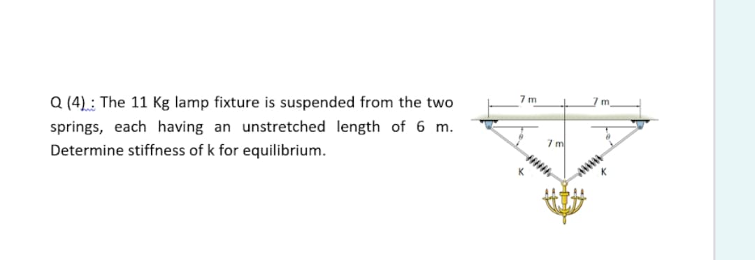 Q (4): The 11 Kg lamp fixture is suspended from the two
springs, each having an unstretched length of 6 m.
7 m
m.
Determine stiffness of k for equilibrium.
7m
www
AA AA
