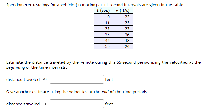 Speedometer readings for a vehicle (in motion) at 11-second intervals are given in the table.
t (sec)
v (ft/s)
distance traveled
0
11
22
33
44
55
Estimate the distance traveled by the vehicle during this 55-second period using the velocities at the
beginning of the time intervals.
distance traveled
feet
23
23
22
36
18
24
Give another estimate using the velocities at the end of the time periods.
feet
