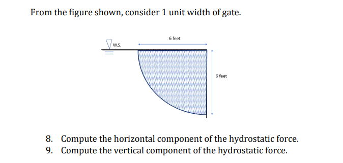 From the figure shown, consider 1 unit width of gate.
7w.s.
6 feet
6 feet
8. Compute the horizontal component of the hydrostatic force.
9. Compute the vertical component of the hydrostatic force.