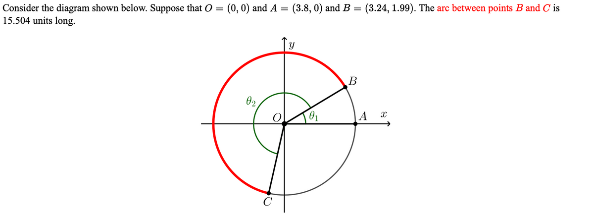 =
Consider the diagram shown below. Suppose that O
15.504 units long.
(0, 0) and A = (3.8, 0) and B
=
02
Y
0₁
B
(3.24, 1.99). The arc between points B and C is
A
X