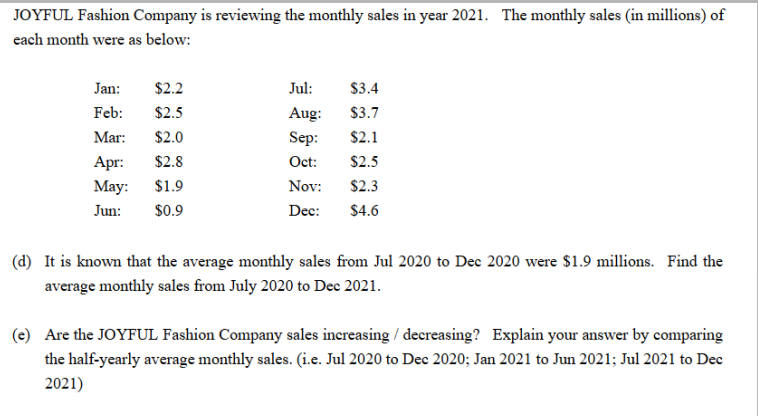 JOYFUL Fashion Company is reviewing the monthly sales in year 2021. The monthly sales (in millions) of
each month were as below:
Jan:
$2.2
Jul:
$3.4
Feb:
$2.5
Aug:
$3.7
Mar:
$2.0
Sep:
$2.1
Apr:
$2.8
Oct:
$2.5
Мay:
$1.9
Nov:
$2.3
Jun:
$0.9
Dec:
$4.6
(d) It is known that the average monthly sales from Jul 2020 to Dec 2020 were $1.9 millions. Find the
average monthly sales from July 2020 to Dec 2021.
(e) Are the JOYFUL Fashion Company sales increasing / decreasing? Explain your answer by comparing
the half-yearly average monthly sales. (i.e. Jul 2020 to Dec 2020; Jan 2021 to Jun 2021; Jul 2021 to Dec
2021)
