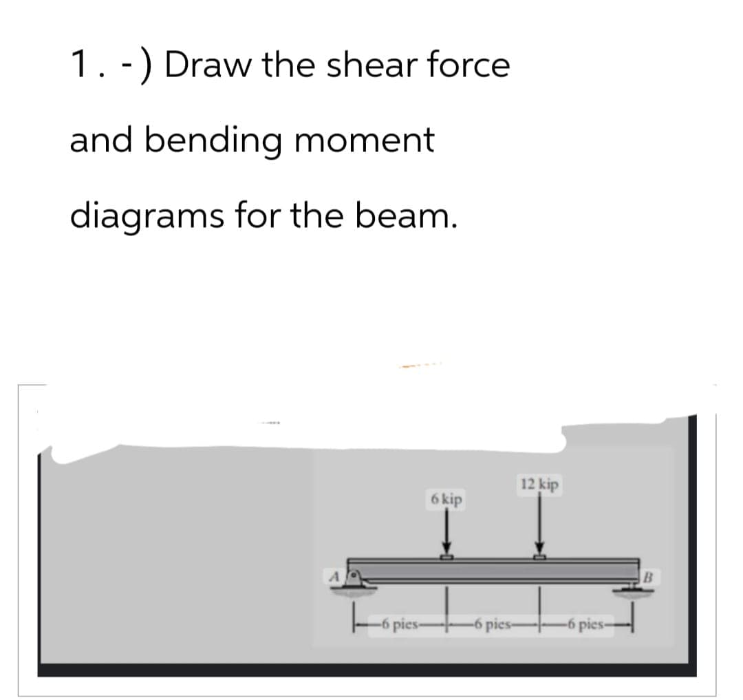 1.-) Draw the shear force
and bending moment
diagrams for the beam.
-6 pics-
6 kip
-6 pies-
12 kip
-6 pies-
B