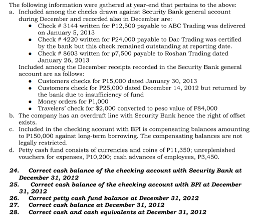 The following information were gathered at year-end that pertains to the above:
a. Included among the checks drawn against Security Bank general account
during December and recorded also in December are:
Check # 3144 written for P12,500 payable to ABC Trading was delivered
on January 5, 2013
• Check # 4220 written for P24,000 payable to Dac Trading was certified
by the bank but this check remained outstanding at reporting date.
Check # 8603 written for p7,500 payable to Roshan Trading dated
January 26, 2013
Included among the December receipts recorded in the Security Bank general
account are as follows:
Customers checks for P15,000 dated January 30, 2013
Customers check for P25,000 dated December 14, 2012 but returned by
the bank due to insufficiency of fund
Money orders for P1,000
Travelers' check for $2,000 converted to peso value of P84,000
b. The company has an overdraft line with Security Bank hence the right of offset
exists.
c. Included in the checking account with BPI is compensating balances amounting
to P150,000 against long-term borrowing. The compensating balances are not
legally restricted.
d. Petty cash fund consists of currencies and coins of P11,350; unreplenished
vouchers for expenses, P10,200; cash advances of employees, P3,450.
Correct cash balance of the checking account with Security Bank at
December 31, 2012
Correct cash balance of the checking account with BPI at December
31, 2012
Correct petty cash fund balance at December 31, 2012
Correct cash balance at December 31, 2012
Correct cash and cash equivalents at December 31, 2012
24.
25.
26.
27.
28.
