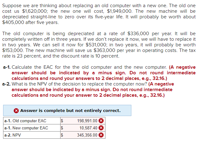 Suppose we are thinking about replacing an old computer with a new one. The old one
cost us $1,620,000; the new one will cost, $1,949,000. The new machine will be
depreciated straight-line to zero over its five-year life. It will probably be worth about
$405,000 after five years.
The old computer is being depreciated at a rate of $336,000 per year. It will be
completely written off in three years. If we don't replace it now, we will have to replace it
in two years. We can sell it now for $531,000; in two years, it will probably be worth
$153,000. The new machine will save us $363,000 per year in operating costs. The tax
rate is 23 percent, and the discount rate is 10 percent.
a-1. Calculate the EAC for the the old computer and the new computer. (A negative
answer should be indicated by a minus sign. Do not round intermediate
calculations and round your answers to 2 decimal places, e.g., 32.16.)
a-2. What is the NPV of the decision to replace the computer now? (A negative
answer should be indicated by a minus sign. Do not round intermediate
calculations and round your answer to 2 decimal places, e.g., 32.16.)
Answer is complete but not entirely correct.
a-1. Old computer EAC
a-1. New computer EAC
a-2. NPV
$
$
$
198,991.00
10,587.40 X
345,356.00