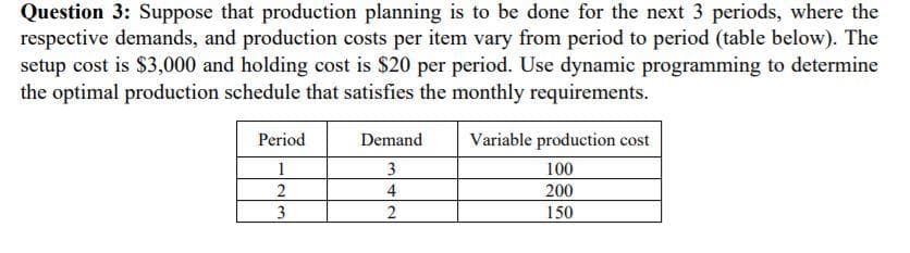Question 3: Suppose that production planning is to be done for the next 3 periods, where the
respective demands, and production costs per item vary from period to period (table below). The
setup cost is $3,000 and holding cost is $20 per period. Use dynamic programming to determine
the optimal production schedule that satisfies the monthly requirements.
Period
Demand
Variable production cost
1
3
100
2
4
200
150
3.
