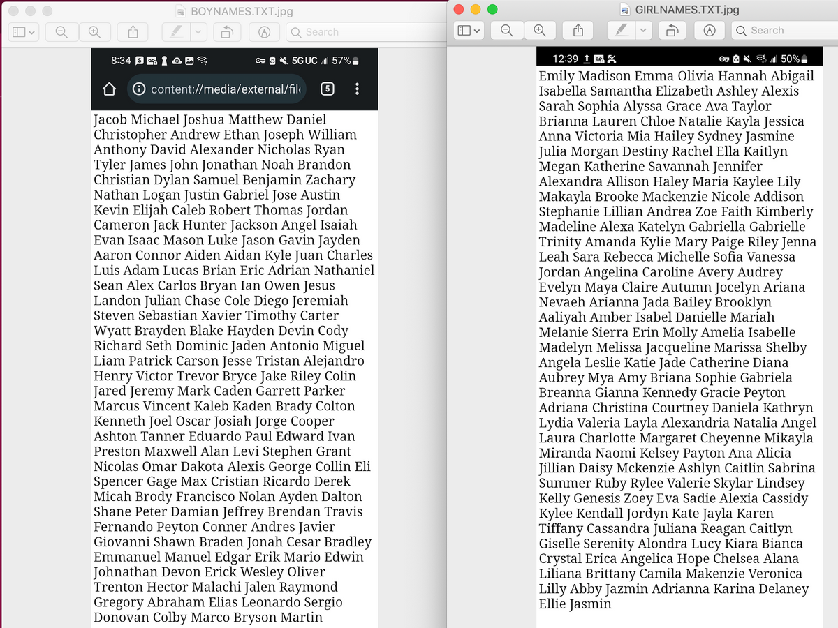 L
8:34 S
BOYNAMES.TXT.jpg
Search
OT5GUC l 57%
content://media/external/fil 5
Jacob Michael Joshua Matthew Daniel
Christopher Andrew Ethan Joseph William
Anthony David Alexander Nicholas Ryan
Tyler James John Jonathan Noah Brandon
Christian Dylan Samuel Benjamin Zachary
Nathan Logan Justin Gabriel Jose Austin
Kevin Elijah Caleb Robert Thomas Jordan
Cameron Jack Hunter Jackson Angel Isaiah
Evan Isaac Mason Luke Jason Gavin Jayden
Aaron Connor Aiden Aidan Kyle Juan Charles
Luis Adam Lucas Brian Eric Adrian Nathaniel
Sean Alex Carlos Bryan Ian Owen Jesus
Landon Julian Chase Cole Diego Jeremiah
Steven Sebastian Xavier Timothy Carter
Wyatt Brayden Blake Hayden Devin Cody
Richard Seth Dominic Jaden Antonio Miguel
Liam Patrick Carson Jesse Tristan Alejandro
Henry Victor Trevor Bryce Jake Riley Colin
Jared Jeremy Mark Caden Garrett Parker
Marcus Vincent Kaleb Kaden Brady Colton
Kenneth Joel Oscar Josiah Jorge Cooper
Ashton Tanner Eduardo Paul Edward Ivan
Preston Maxwell Alan Levi Stephen Grant
Nicolas Omar Dakota Alexis George Collin Eli
Spencer Gage Max Cristian Ricardo Derek
Micah Brody Francisco Nolan Ayden Dalton
Shane Peter Damian Jeffrey Brendan Travis
Fernando Peyton Conner Andres Javier
Giovanni Shawn Braden
Cesar Bradley
Emmanuel Manuel Edgar Erik Mario Edwin
Johnathan Devon Erick Wesley Oliver
Trenton Hector Malachi Jalen Raymond
Gregory Abraham Elias Leonardo Sergio
Donovan Colby Marco Bryson Martin
O
GIRLNAMES.TXT.jpg
Search
12:39 1
OT lll 50%
Emily Madison Emma Olivia Hannah Abigail
Isabella Samantha Elizabeth Ashley Alexis
Sarah Sophia Alyssa Grace Ava Taylor
Brianna Lauren Chloe Natalie Kayla Jessica
Anna Victoria Mia Hailey Sydney Jasmine
Julia Morgan Destiny Rachel Ella Kaitlyn
Megan Katherine Savannah Jennifer
Alexandra Allison Haley Maria Kaylee Lily
Makayla Brooke Mackenzie Nicole Addison
Stephanie Lillian Andrea Zoe Faith Kimberly
Madeline Alexa Katelyn Gabriella Gabrielle
Trinity Amanda Kylie Mary Paige Riley Jenna
Leah Sara Rebecca Michelle Sofia Vanessa
Jordan Angelina Caroline Avery Audrey
Evelyn Maya Claire Autumn Jocelyn Ariana
Nevaeh Arianna Jada Bailey Brooklyn
Aaliyah Amber Isabel Danielle Mariah
Melanie Sierra Erin Molly Amelia Isabelle
Madelyn Melissa Jacqueline Marissa Shelby
Angela Leslie Katie Jade Catherine Diana
Aubrey Mya Amy Briana Sophie Gabriela
Breanna Gianna Kennedy Gracie Peyton
Adriana Christina Courtney Daniela Kathryn
Lydia Valeria Layla Alexandria Natalia Angel
Laura Charlotte Margaret Cheyenne Mikayla
Miranda Naomi Kelsey Payton Ana Alicia
Jillian Daisy Mckenzie Ashlyn Caitlin Sabrina
Summer Ruby Rylee Valerie Skylar Lindsey
Kelly Genesis Zoey Eva Sadie Alexia Cassidy
Kylee Kendall Jordyn Kate Jayla Karen
Tiffany Cassandra Juliana Reagan Caitlyn
Giselle Serenity Alondra Lucy Kiara Bianca
Crystal Erica Angelica Hope Chelsea Alana
Liliana Brittany Camila Makenzie Veronica
Lilly Abby Jazmin Adrianna Karina Delaney
Ellie Jasmin