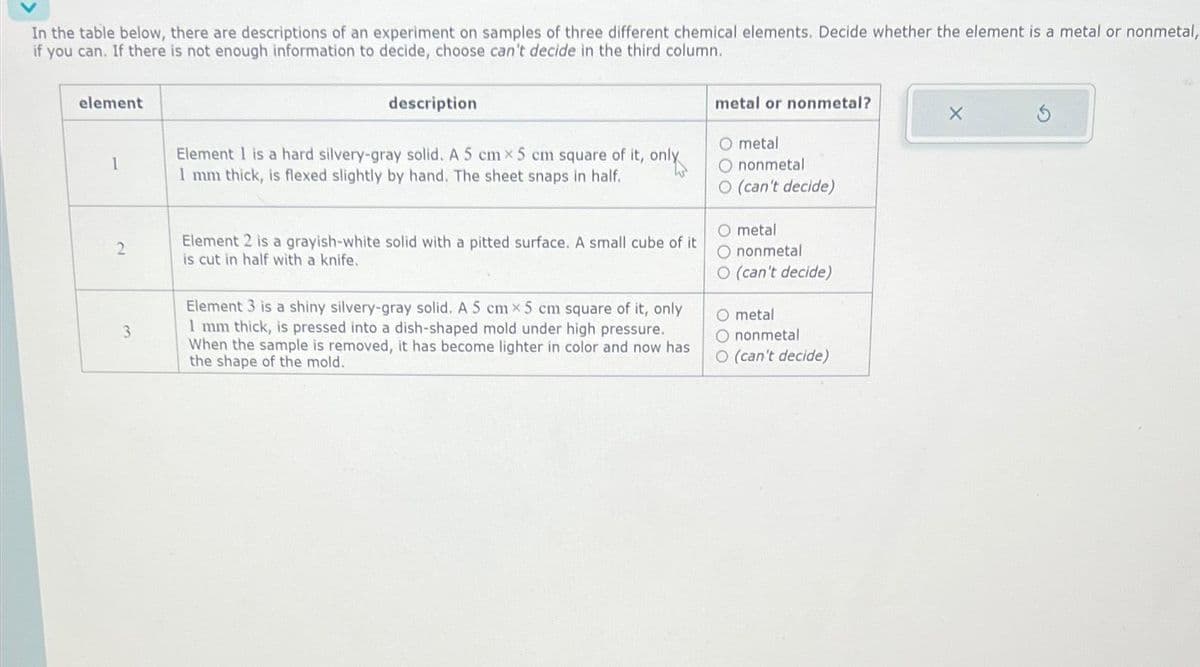 In the table below, there are descriptions of an experiment on samples of three different chemical elements. Decide whether the element is a metal or nonmetal,
if you can. If there is not enough information to decide, choose can't decide in the third column.
element
1
2
3
description
Element I is a hard silvery-gray solid. A 5 cm x 5 cm square of it, only
1 mm thick, is flexed slightly by hand. The sheet snaps in half.
Element 2 is a grayish-white solid with a pitted surface. A small cube of it
is cut in half with a knife.
Element 3 is a shiny silvery-gray solid. A 5 cm x 5 cm square of it, only
1 mm thick, is pressed into a dish-shaped mold under high pressure.
When the sample is removed, it has become lighter in color and now has
the shape of the mold.
metal or nonmetal?
O metal
O nonmetal
O (can't decide)
O metal
O nonmetal
O (can't decide)
O metal
O nonmetal
O (can't decide)