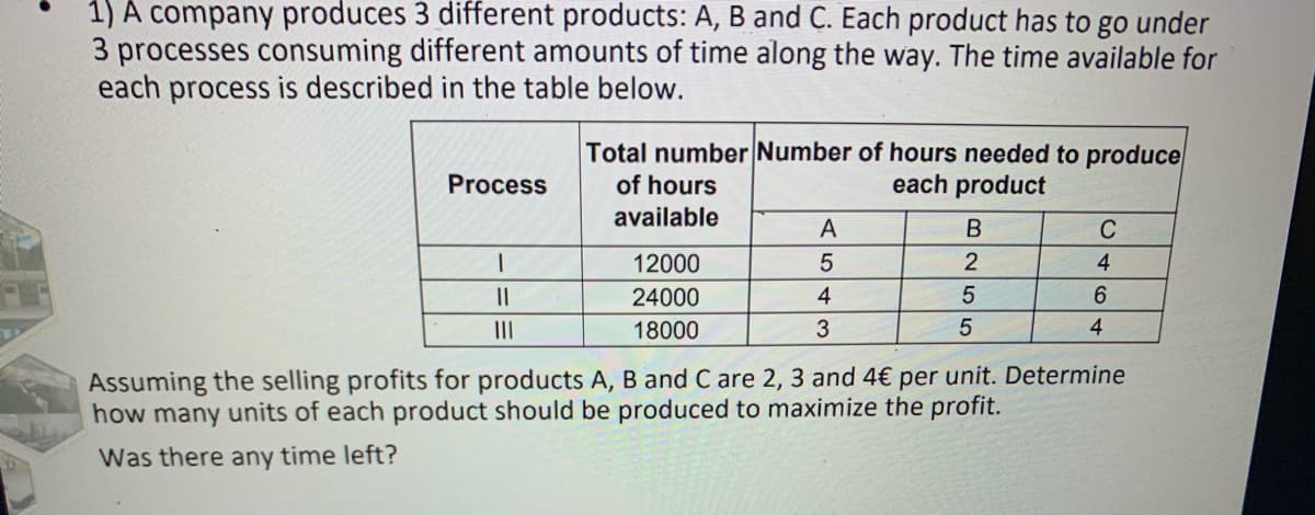 1) A company produces 3 different products: A, B and C. Each product has to go under
3 processes consuming different amounts of time along the way. The time available for
each process is described in the table below.
Process
I
||
|||
Total number Number of hours needed to produce
each product
of hours
available
12000
24000
18000
A
5
4
3
B
2
5
5
C
4
6
4
Assuming the selling profits for products A, B and C are 2, 3 and 4€ per unit. Determine
how many units of each product should be produced to maximize the profit.
Was there any time left?