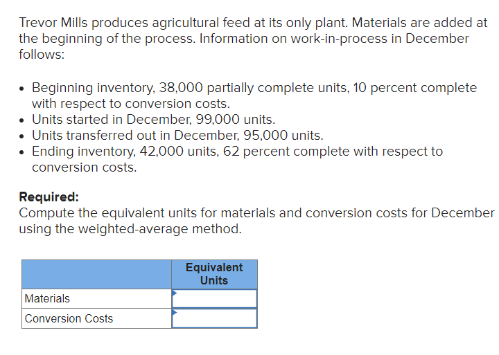 Trevor Mills produces agricultural feed at its only plant. Materials are added at
the beginning of the process. Information on work-in-process in December
follows:
Beginning inventory, 38,000 partially complete units, 10 percent complete
with respect to conversion costs.
• Units started in December, 99,000 units.
Units transferred out in December, 95,000 units.
Ending inventory, 42,000 units, 62 percent complete with respect to
conversion costs.
Required:
Compute the equivalent units for materials and conversion costs for December
using the weighted-average method.
Materials
Conversion Costs
Equivalent
Units