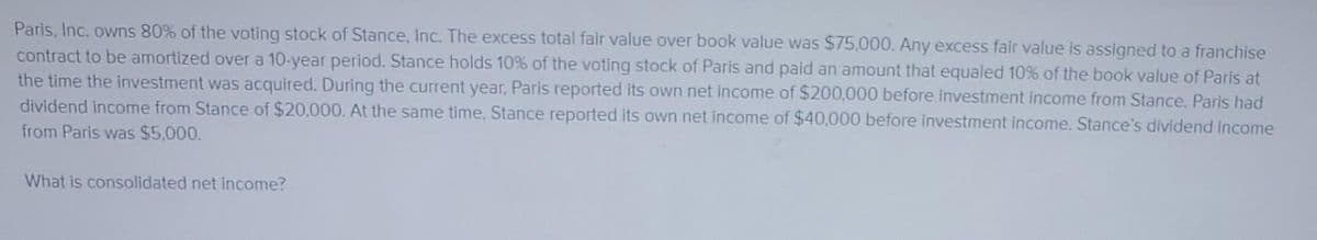 Paris, Inc. owns 80% of the voting stock of Stance, Inc. The excess total fair value over book value was $75,000. Any excess fair value is assigned to a franchise
contract to be amortized over a 10-year period. Stance holds 10% of the voting stock of Paris and paid an amount that equaled 10% of the book value of Paris at
the time the investment was acquired. During the current year, Paris reported its own net income of $200,000 before investment income from Stance. Paris had
dividend income from Stance of $20,000. At the same time, Stance reported its own net income of $40,000 before investment income. Stance's dividend income
from Paris was $5,000.
What is consolidated net income?