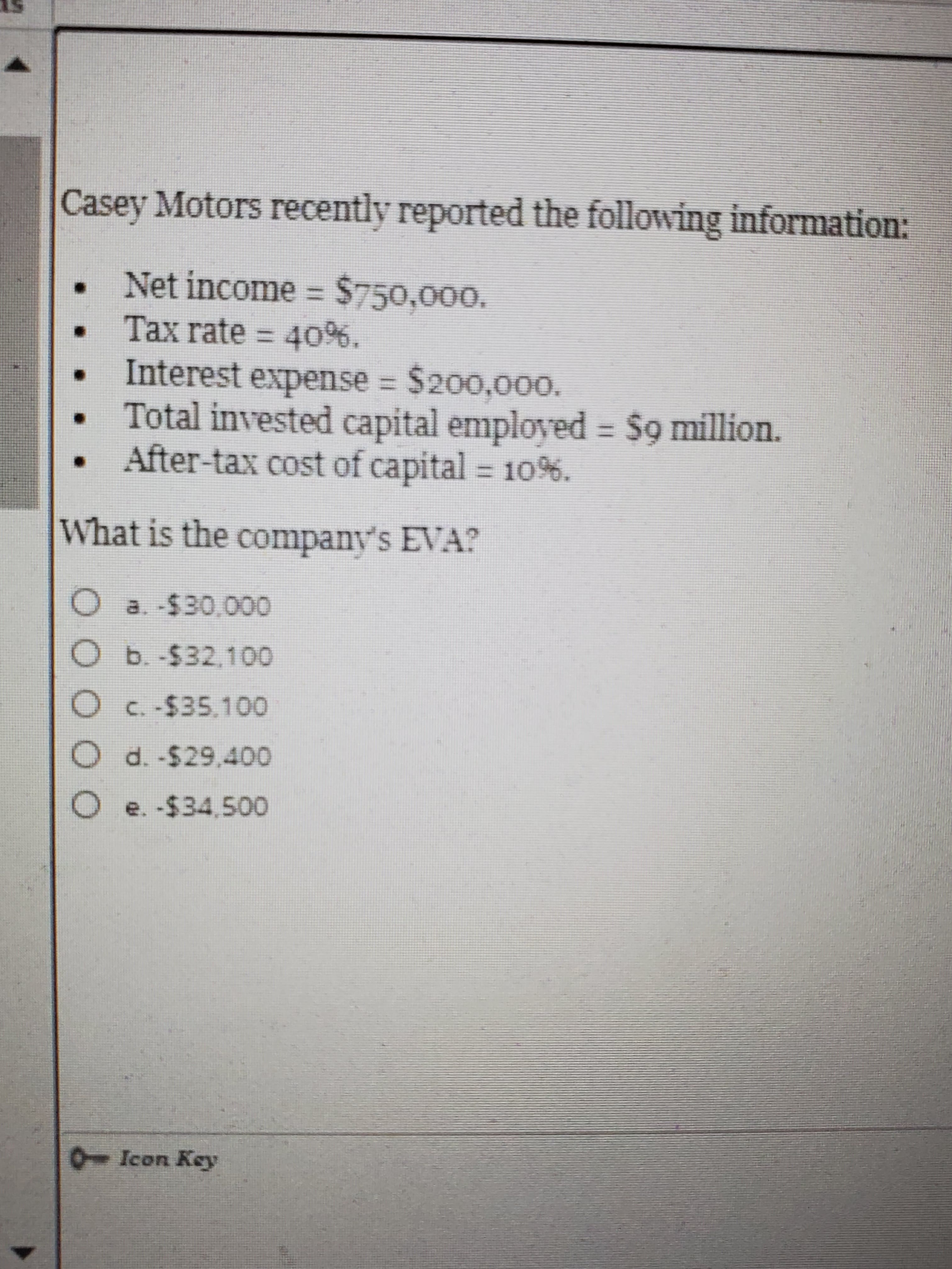 Casey Motors recently reported the following information:
Net income = $750,000.
Tax rate = 40%.
%3D
Interest expense = $200,000.
Total invested capital employed = $9 million.
After-tax cost of capital = 10%.
%3D
What is the company's EVA?
