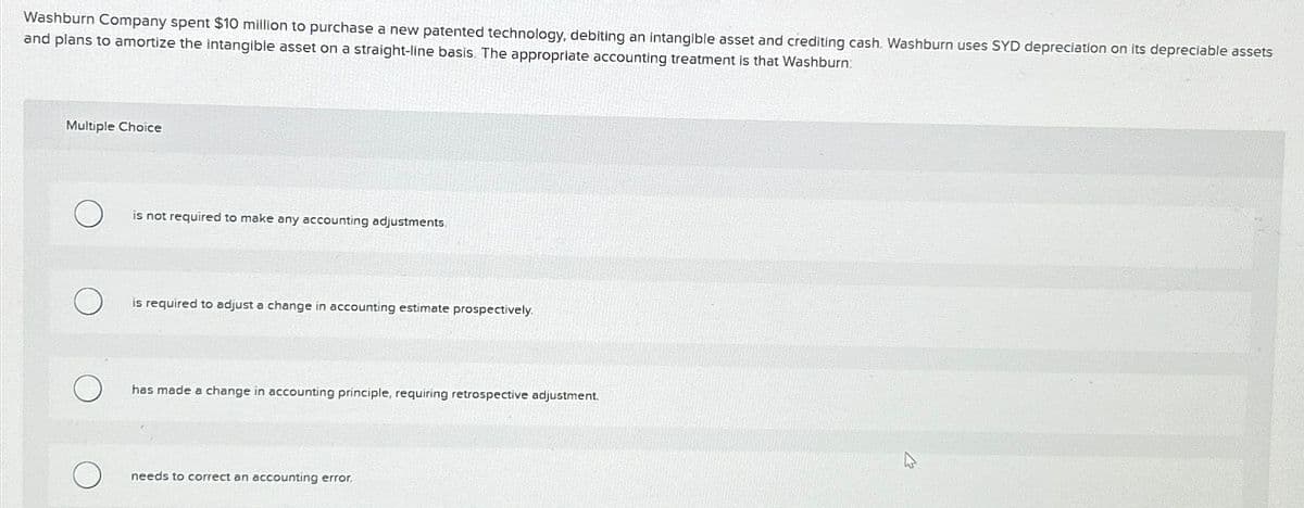 Washburn Company spent $10 million to purchase a new patented technology, debiting an intangible asset and crediting cash. Washburn uses SYD depreciation on its depreciable assets
and plans to amortize the intangible asset on a straight-line basis. The appropriate accounting treatment is that Washburn
Multiple Choice
о
is not required to make any accounting adjustments.
о
is required to adjust a change in accounting estimate prospectively.
О
has made a change in accounting principle, requiring retrospective adjustment.
О
needs to correct an accounting error.