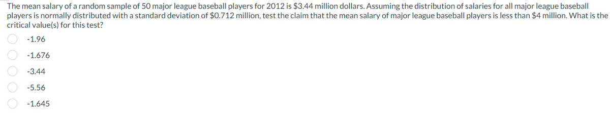 The mean salary of a random sample of 50 major league baseball players for 2012 is $3.44 million dollars. Assuming the distribution of salaries for all major league baseball
players is normally distributed with a standard deviation of $0.712 million, test the claim that the mean salary of major league baseball players is less than $4 million. What is the
critical value(s) for this test?
-1.96
-1.676
-3.44
-5.56
-1.645
000