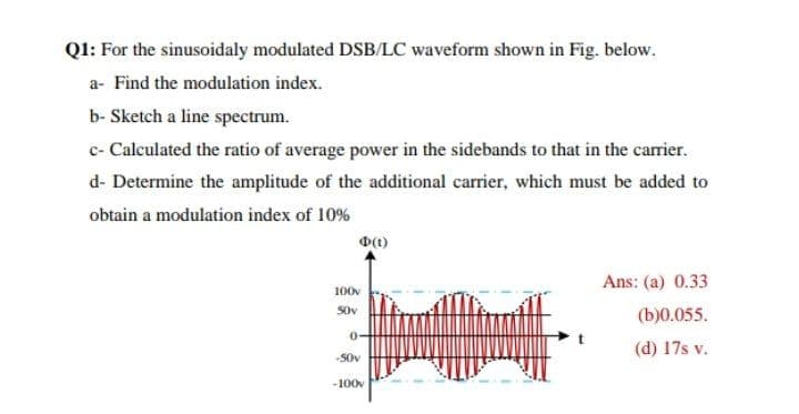 Ql: For the sinusoidaly modulated DSB/LC waveform shown in Fig. below.
a- Find the modulation index.
b- Sketch a line spectrum.
c- Calculated the ratio of average power in the sidebands to that in the carrier.
d- Determine the amplitude of the additional carrier, which must be added to
obtain a modulation index of 10%
Ans: (a) 0.33
100v
Sov
(b)0.055.
0-
(d) 17s v.
-50v
-100v
