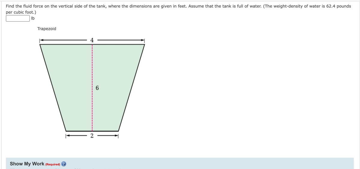 Find the fluid force on the vertical side of the tank, where the dimensions are given in feet. Assume that the tank is full of water. (The weight-density of water is 62.4 pounds
per cubic foot.)
Ib
Trapezoid
4
6
2
Show My Work (Required) 3
