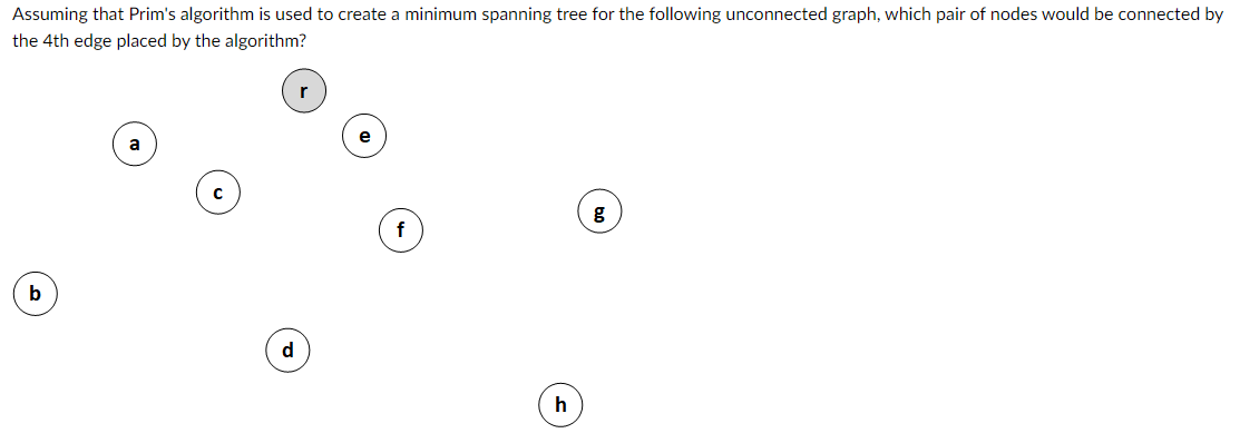 Assuming that Prim's algorithm is used to create a minimum spanning tree for the following unconnected graph, which pair of nodes would be connected by
the 4th edge placed by the algorithm?
b
a
d
h