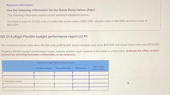 Required information
Use the following information for the Quick Study below. (Algo)
[The following information applies to the questions displayed below.]
The fixed budget for 21,300 units of production shows sales of $511,200; variable costs of $63,900; and fixed costs of
$142,000.
QS 21-4 (Algo) Flexible budget performance report LO P1
The company's actual sales were 26,000 units at $576,000. Actual variable costs were $113,900 and actual fixed costs were $136,000.
Prepare a flexible budget performance report. Indicate whether each variance is favorable or unfavorable. (Indicate the effect of each
variance by selecting favorable, unfavorable, or no variance.)
Contribution margin
Flexible Budget Performance Report
Flexible Budget Actual Results
Variances
Favorable/
Unfavorable