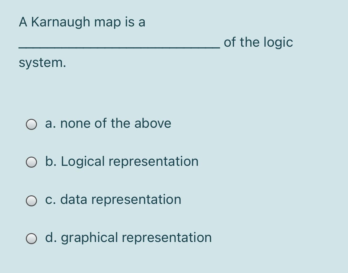 A Karnaugh map is a
of the logic
system.
O a. none of the above
O b. Logical representation
O c. data representation
O d. graphical representation
