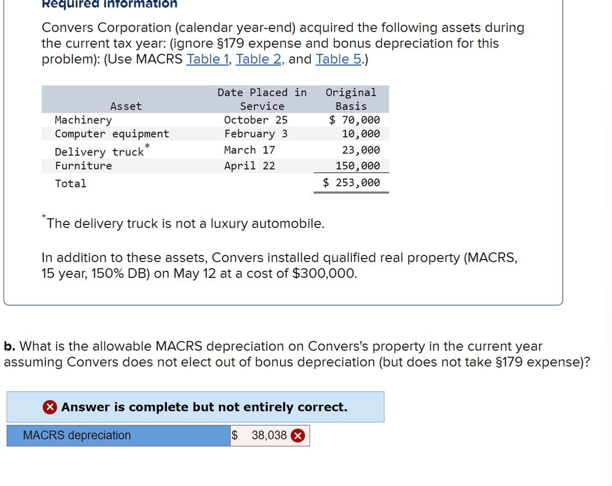 Required information
Convers Corporation (calendar year-end) acquired the following assets during
the current tax year: (ignore §179 expense and bonus depreciation for this
problem): (Use MACRS Table 1, Table 2, and Table 5.)
Asset
Machinery
Computer equipment
*
Delivery truck
Furniture
Total
Date Placed in
Service
October 25
February 3
March 17
April 22
Original
Basis
$ 70,000
10,000
23,000
150,000
$ 253,000
The delivery truck is not a luxury automobile.
In addition to these assets, Convers installed qualified real property (MACRS,
15 year, 150% DB) on May 12 at a cost of $300,000.
b. What is the allowable MACRS depreciation on Convers's property in the current year
assuming Convers does not elect out of bonus depreciation (but does not take §179 expense)?
X Answer is complete but not entirely correct.
MACRS depreciation
$ 38,038 X