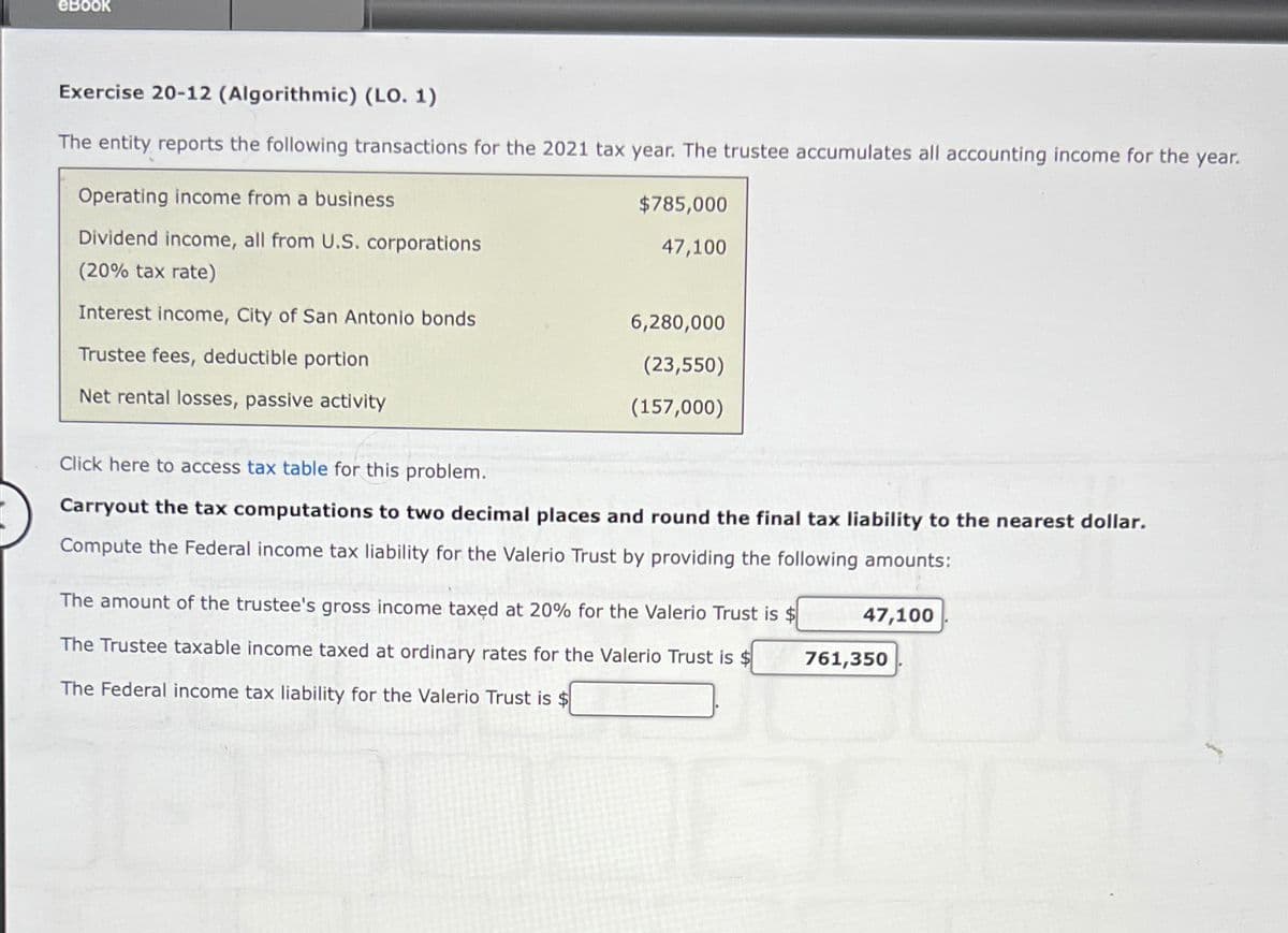 ebook
Exercise 20-12 (Algorithmic) (LO. 1)
The entity reports the following transactions for the 2021 tax year. The trustee accumulates all accounting income for the year.
Operating income from a business
Dividend income, all from U.S. corporations
(20% tax rate)
Interest income, City of San Antonio bonds
Trustee fees, deductible portion
Net rental losses, passive activity
$785,000
47,100
6,280,000
(23,550)
(157,000)
Click here to access tax table for this problem.
Carryout the tax computations to two decimal places and round the final tax liability to the nearest dollar.
Compute the Federal income tax liability for the Valerio Trust by providing the following amounts:
The amount of the trustee's gross income taxed at 20% for the Valerio Trust is $
The Trustee taxable income taxed at ordinary rates for the Valerio Trust is $
The Federal income tax liability for the Valerio Trust is $
47,100
761,350