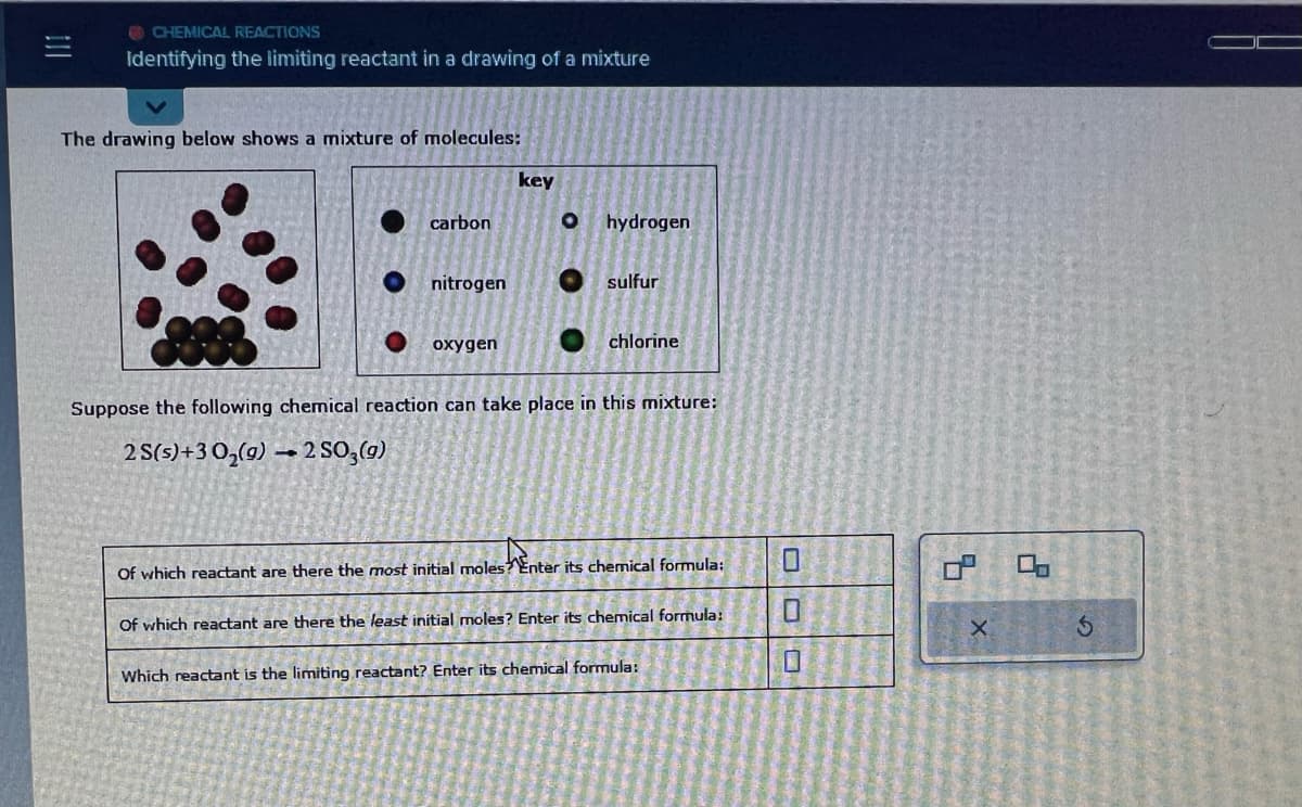 CHEMICAL REACTIONS
Identifying the limiting reactant in a drawing of a mixture
The drawing below shows a mixture of molecules:
D
carbon
nitrogen
oxygen
key
O hydrogen
sulfur
chlorine
Suppose the following chemical reaction can take place in this mixture:
2 S(s)+30₂(g) → 2 SO₂(g)
Of which reactant are there the most initial moles? Enter its chemical formula:
Of which reactant are there the least initial moles? Enter its chemical formula:
Which reactant is the limiting reactant? Enter its chemical formula:
X
3