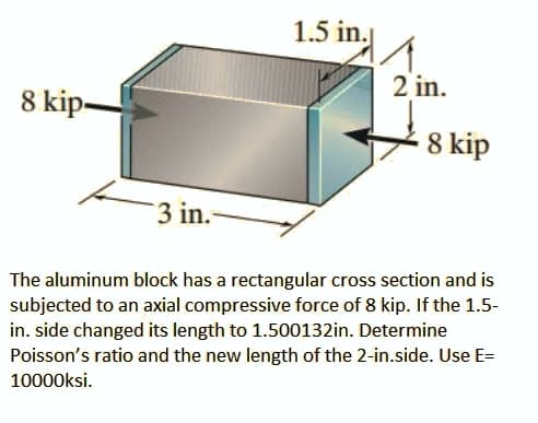 1.5 in.
2 in.
8 kip-
8 kip
3 in.-
The aluminum block has a rectangular cross section and is
subjected to an axial compressive force of 8 kip. If the 1.5-
in. side changed its length to 1.500132in. Determine
Poisson's ratio and the new length of the 2-in.side. Use E=
10000ksi.
