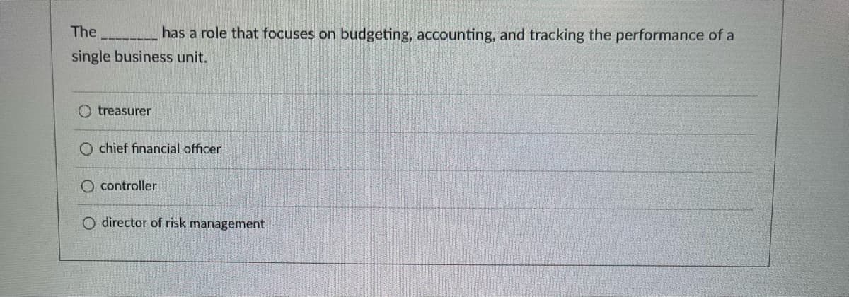 The
has a role that focuses on budgeting, accounting, and tracking the performance of a
single business unit.
treasurer
chief financial officer
O controller
O director of risk management