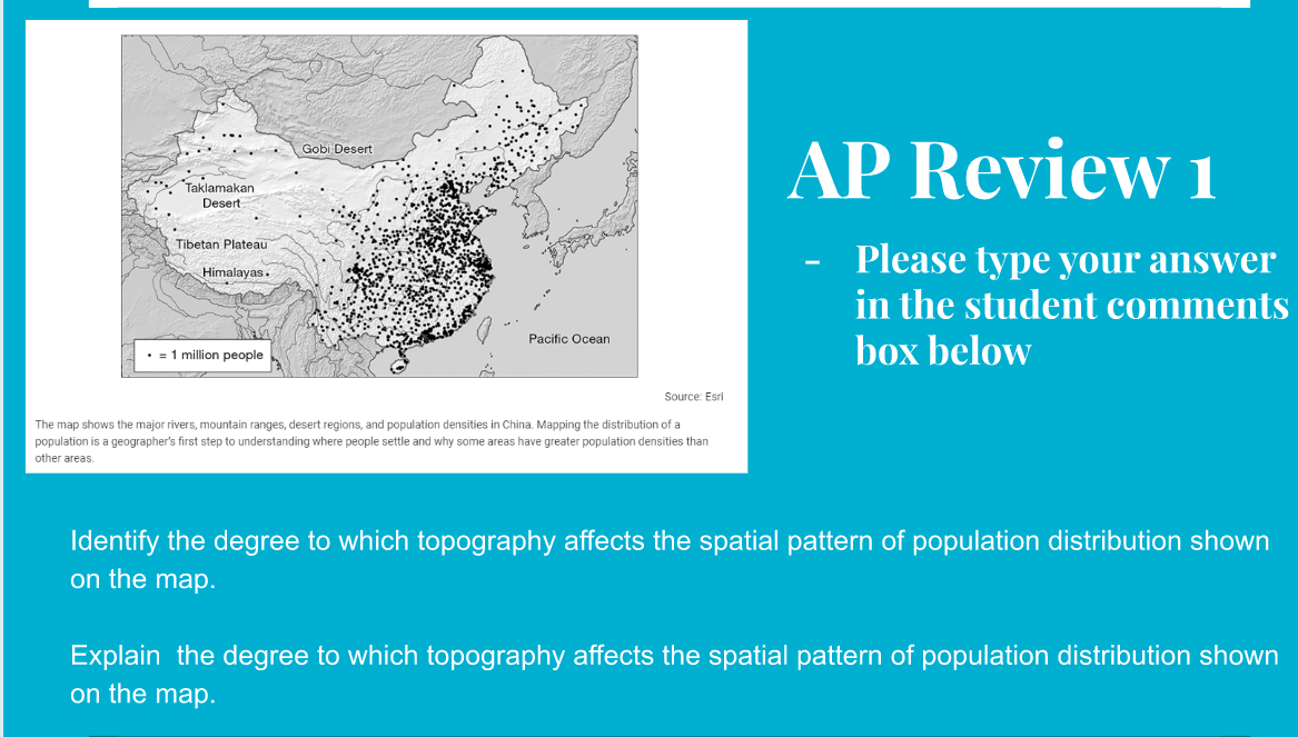 “Taklamakan
Desert
Tibetan Plateau
Himalayas.
. = 1 million people
Gobi Desert
Pacific Ocean
Source: Esri
The map shows the major rivers, mountain ranges, desert regions, and population densities in China. Mapping the distribution of a
population is a geographer's first step to understanding where people settle and why some areas have greater population densities than
other areas.
AP Review 1
-
Please type your answer
in the student comments
box below
Identify the degree to which topography affects the spatial pattern of population distribution shown
on the map.
Explain the degree to which topography affects the spatial pattern of population distribution shown
on the map.
