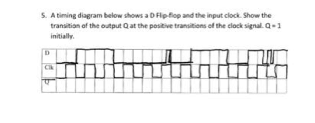 5. A timing diagram below shows a D Flip-flop and the input clock. Show the
transition of the output Q at the positive transitions of the clock signal. Q= 1
initially.
