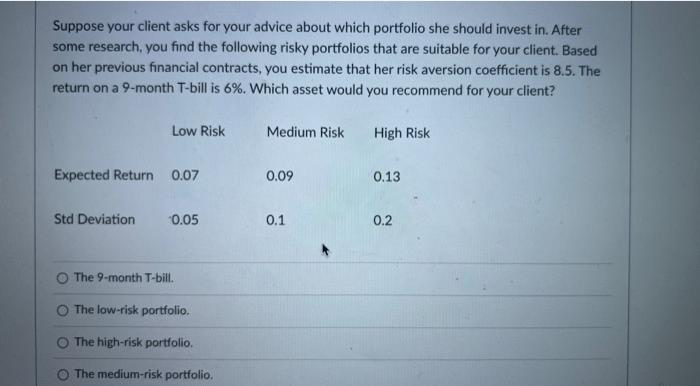 Suppose your client asks for your advice about which portfolio she should invest in. After
some research, you find the following risky portfolios that are suitable for your client. Based
on her previous financial contracts, you estimate that her risk aversion coefficient is 8.5. The
return on a 9-month T-bill is 6%. Which asset would you recommend for your client?
Low Risk
Expected Return 0.07
Std Deviation
0.05
The 9-month T-bill.
The low-risk portfolio.
The high-risk portfolio.
O The medium-risk portfolio.
Medium Risk
0.09
0.1
High Risk
0.13
0.2