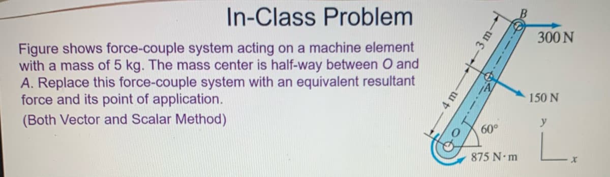 In-Class Problem
Figure shows force-couple system acting on a machine element
with a mass of 5 kg. The mass center is half-way between O and
A. Replace this force-couple system with an equivalent resultant
force and its point of application.
300 N
(Both Vector and Scalar Method)
m
150N
60°
y
875 N m
-3 m-
O.-.-
