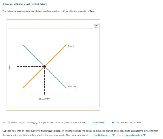 9. Market efficiency and market failure
The following graph shows equilibrium in a free market, with equilibrium quantity of Q.
PRICE
X
QUANTITY
Supply
Demand
For any level of output above Q. a buyer values a unit of goods in this market
more than
the unit will cost a seller.
Suppose now that an individual firm that produces goods in this market has the power to influence market price, leading to an outcome different from
the free market equilibrium illustrated in the previous graph. This is an example of
due to an externality
Inefficiency