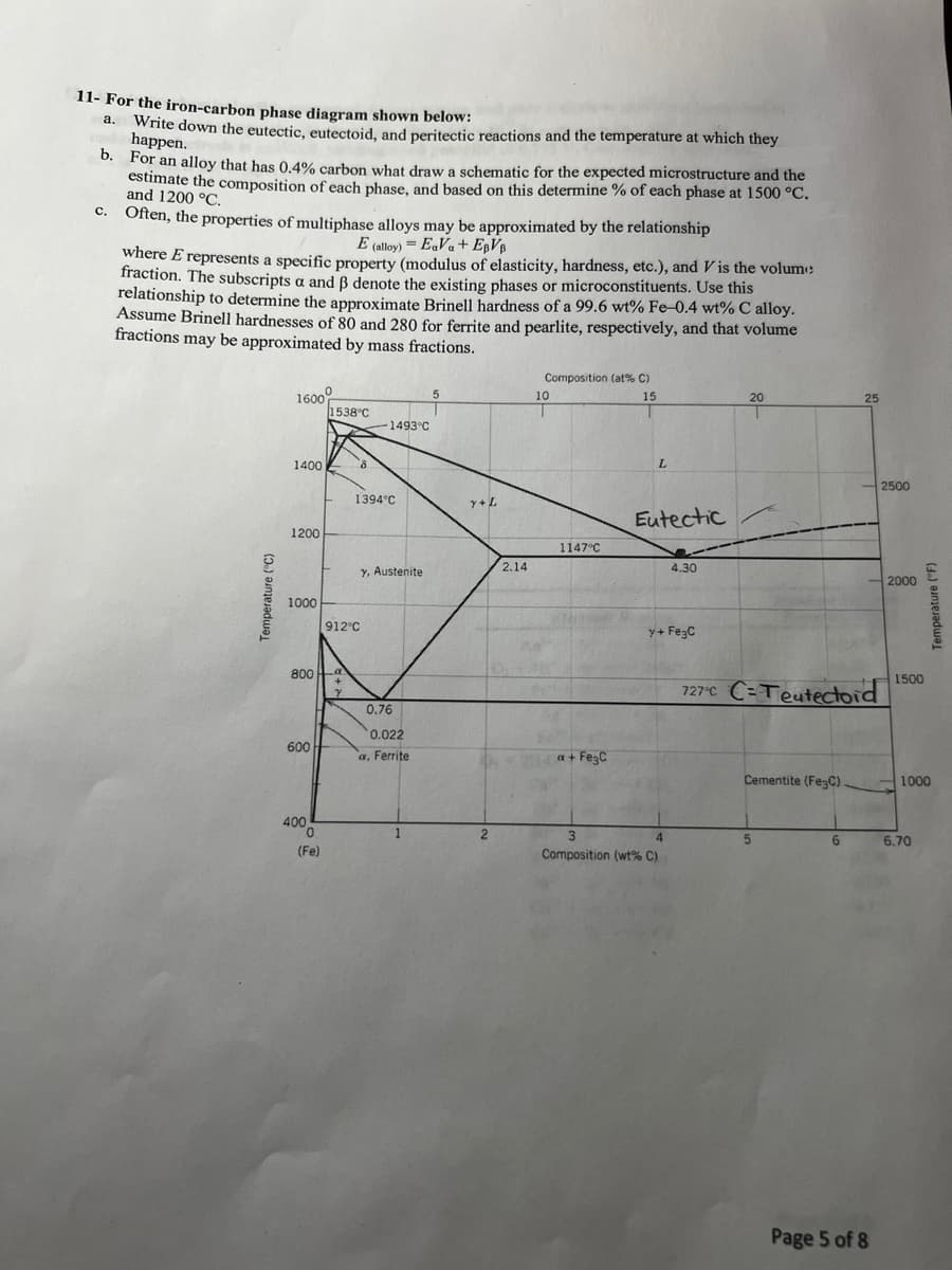 11- For the iron-carbon phase diagram shown below:
a.
Write down the eutectic, eutectoid, and peritectic reactions and the temperature at which they
happen.
b.
For an alloy that has 0.4% carbon what draw a schematic for the expected microstructure and the
estimate the composition of each phase, and based on this determine % of each phase at 1500 °C.
and 1200 °C.
C₂
Often, the properties of multiphase alloys may be approximated by the relationship
E (alloy) = EaVa+ EBVB
where E represents a specific property (modulus of elasticity, hardness, etc.), and V is the volume
fraction. The subscripts a and ß denote the existing phases or microconstituents. Use this
relationship to determine the approximate Brinell hardness of a 99.6 wt% Fe-0.4 wt% C alloy.
Assume Brinell hardnesses of 80 and 280 for ferrite and pearlite, respectively, and that volume
fractions may be approximated by mass fractions.
Temperature (°C)
1600
1400
1200
1000
800
600
400
0
(Fe)
1538°C
912°C
a
Y
8
-1493°C
1394°C
y, Austenite.
0.76
0.022
a, Ferrite
5
Y+L
2
2.14
Composition (at% C)
15
10
1147°C
a + Fe3C
L
Eutectic
4.30
y+ Fe³C
4
3
Composition (wt% C)
20
727°C C=Teutectoid
Cementite (Fe3C)
5
25
6
Page 5 of 8
2500
2000
Temperature (°F)
1500
1000
6.70