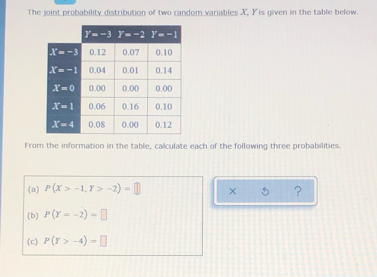 The joint probability distribution of two random variables X, Y is given in the table below.
Y=-3 Y=-2 Y=-1
X=-3
0.12
0.07
0.10
X=-1
0.04
0.01
0.14
X=0
0.00
0.00
0.00
X=1
0.06
0.16
0.10
X=4
0.08
0.00
0.12
From the information in the table, calculate each of the following three probabilities.
(a) P(X> -1,Y> -2) = []
(b) P(Y= -2) = [
(c) P(Y> -4) = I
