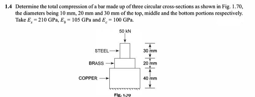 1.4 Determine the total compression of a bar made up of three circular cross-sections as shown in Fig. 1.70,
the diameters being 10 mm, 20 mm and 30 mm of the top, middle and the bottom portions respectively.
Take E, = 210 GPa, E, = 105 GPa and E = 100 GPa.
%3D
50 kN
STEEL-
30 mm
BRASS
20 mm
COPPER
40 mm
Fig. 1.70
