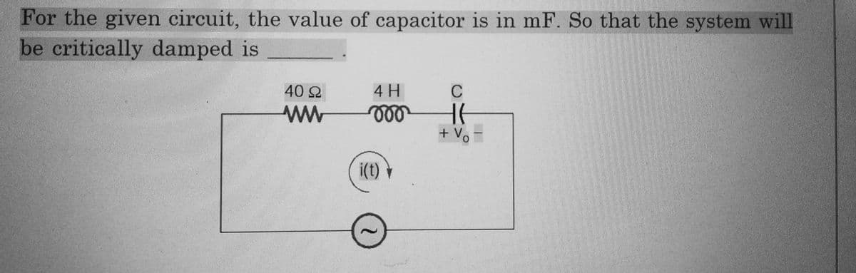 For the given circuit, the value of capacitor is in mF. So that the system will
be critically damped is
40 Ω
4 H
wwroot
C
i(t)
+ Vo