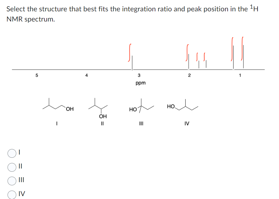 Select the structure that best fits the integration ratio and peak position in the ¹H
NMR spectrum.
||
|||
ON
5
I
OH
4
هام
OH
||
3
ppm
Hot
2
нал
IV
1