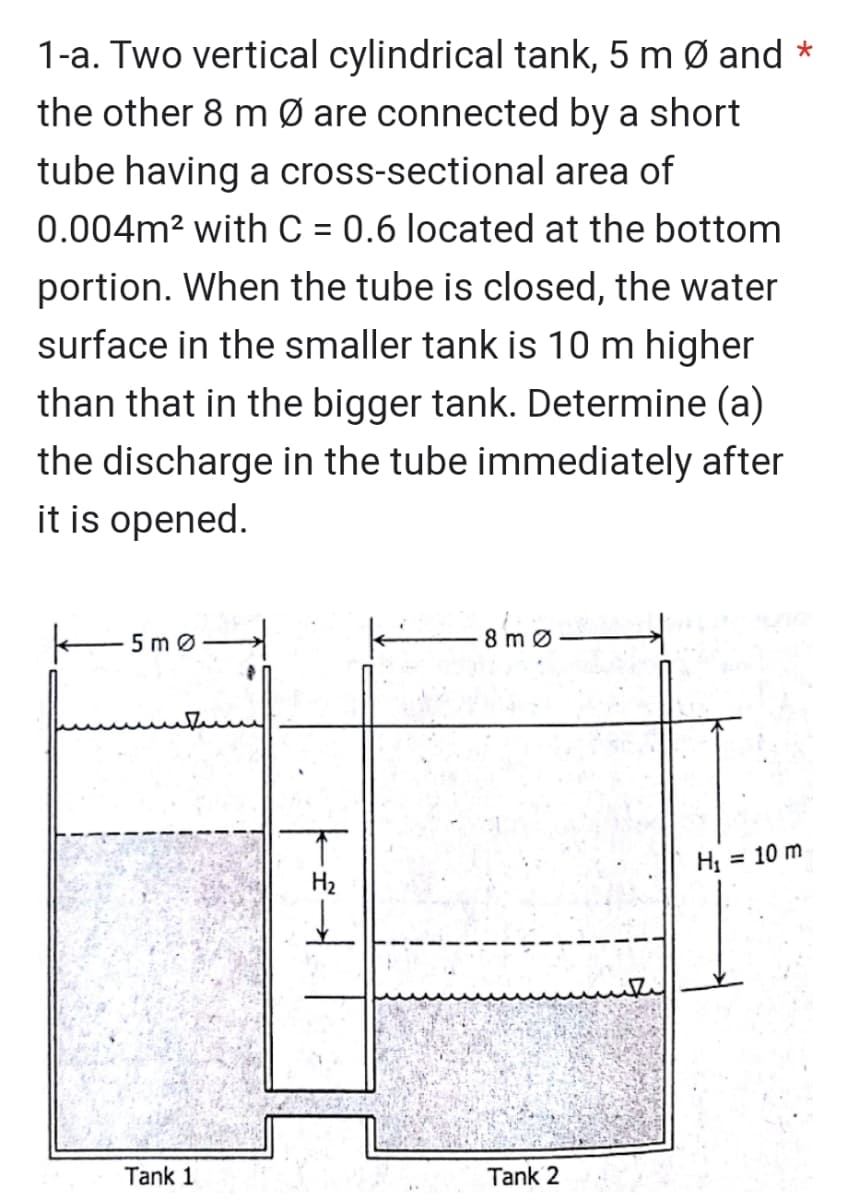 1-a. Two vertical cylindrical tank, 5 m Ø and *
the other 8 m Ø are connected by a short
tube having a cross-sectional area of
0.004m² with C = 0.6 located at the bottom
portion. When the tube is closed, the water
surface in the smaller tank is 10 m higher
than that in the bigger tank. Determine (a)
the discharge in the tube immediately after
it is opened.
5mø
Tank 1
K
8m0
Tank 2
H₁ = 10 m